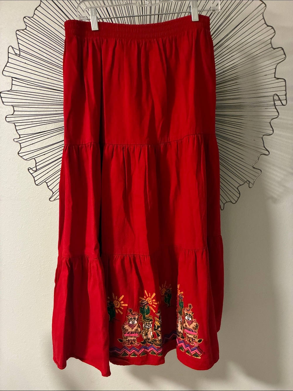 K.W.B.L. Vintage Maxi Skirt Quirky Red Cotton Size M